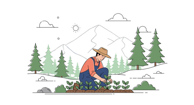 Skilled farmer kneeling in a field and planting young seedlings with mountains and forest in the background.