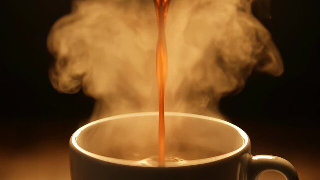 Hot coffee being poured into a white mug with steam rising