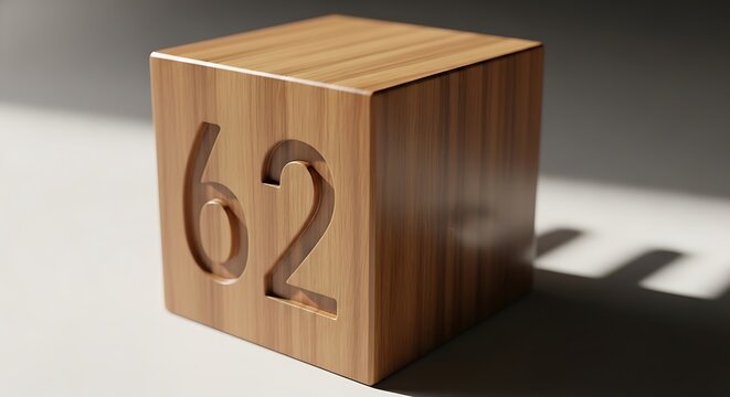 A wooden cube with a cut out of the number sixty two is displayed
