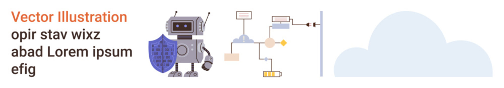 Cybersecurity, artificial intelligence, data protection, workflow automation, programming, and cloud technology. A robot with a shield, a process flowchart and a cloud. Cybersecurity and AI concepts