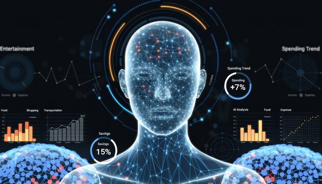 Digital human figure with neural network connections surrounded by data charts highlighting spending trends and analytics.