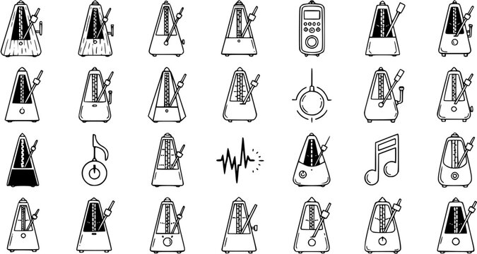 Music Metronome Rhythm Outline Icon Set. Black and White Line Art Glyphs for Musical Tempo, Beat, and Practice Tools.