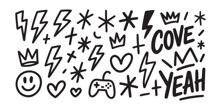 Set of hand drawn doodle elements vector collection of various symbols lightning stars crowns hearts game controller text.
