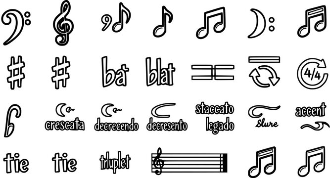 Music Notation Symbols Collection. Black and White Line Art Vector Set featuring Musical Clefs, Notes, Accidentals, Dynamics, and Rests for Education.