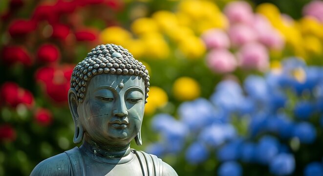 Tranquil metal effigy rests before a vibrant, softly focused floral display under sunlight