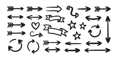 Fototapeta premium Set of hand drawn doodle arrows and star symbols, black handwritten pointer isolated on transparent background.