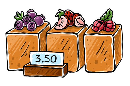 Hand drawn cube croissants with berries and price tag in sketch style. Vector illustration with baked goods. Food artwork for cafe menu, design packaging and bakery branding