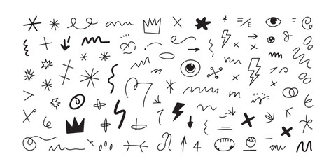 Fototapeta premium Large set of hand drawn doodle elements, black handwritten lines, arrows and symbols on transparent background.
