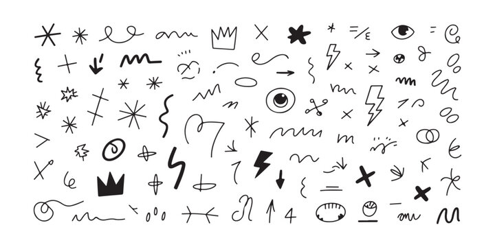 Large set of hand drawn doodle elements, black handwritten lines, arrows and symbols on transparent background.