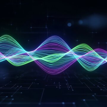 Dynamic luminous wave patterns illustrate digital signal processing over a dark technological substrate