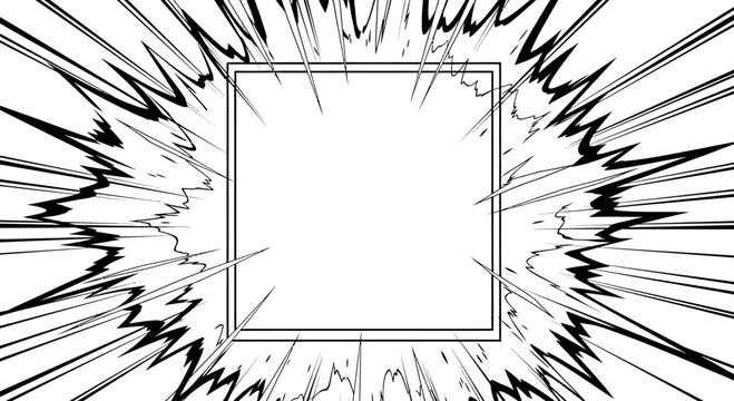 Square speech bubble with dynamic manga style impact lines.