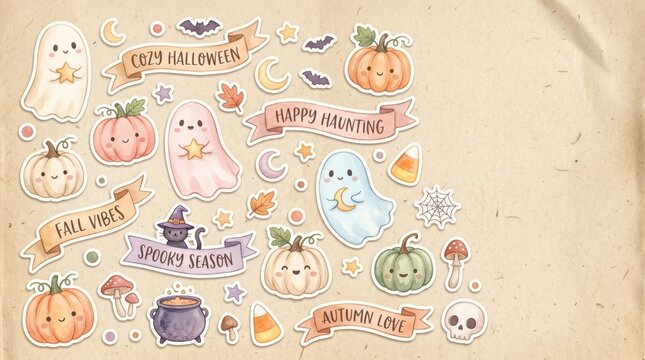 Cute watercolor Halloween/autumn stickers: ghosts, pumpkins, banners
