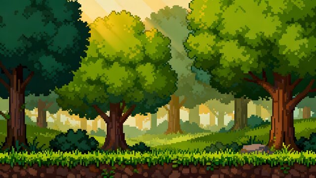 pixel art rpg forest background, lush green trees, grass terrain, soft lighting, retro 16-bit style, side scrolling environment, detailed pixel shading