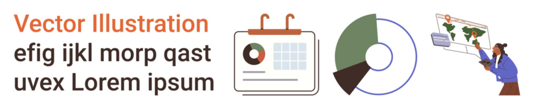 Business reports, data analysis, statistics, global outreach, project management, planning. A calendar, pie chart and person pointing at a world map. Data analysis and planning concept