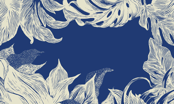 Hand drawn Japanese inspired tropical leaf border. Vintage woodcut style featuring cream monstera and palm leaves with stippled textures on a navy blue background. Elegant botanical art with copy spac