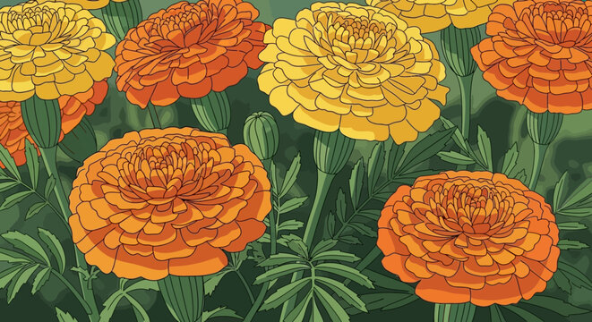 Vibrant Orange and Yellow Marigold Flowers Illustration