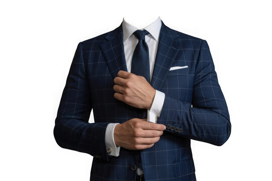 Professional headless portrait man in dark suit and tie adjusting cuffs elegant professional attire