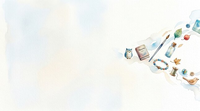 Whimsical watercolor owl, book, brush, leaves, tools float on pale background