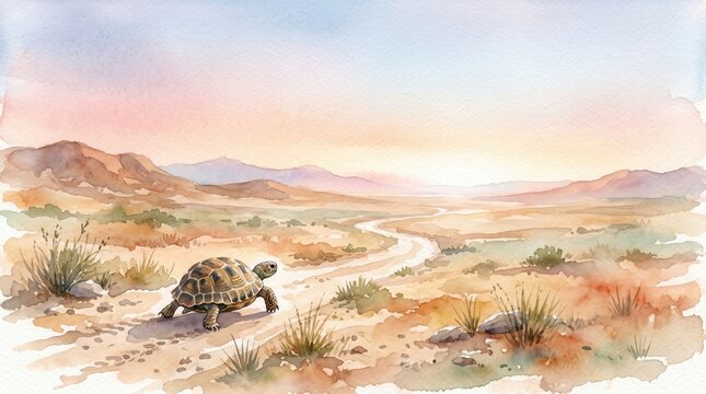Tortoise slowly walks on a dusty desert trail, passing sparse plants, with mountains at sunrise