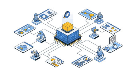 Isometric Blockchain Network with Connected Devices and Data Flow. © Yahya