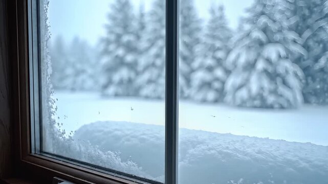 Snowy winter landscape viewed through a frosted window pane.
