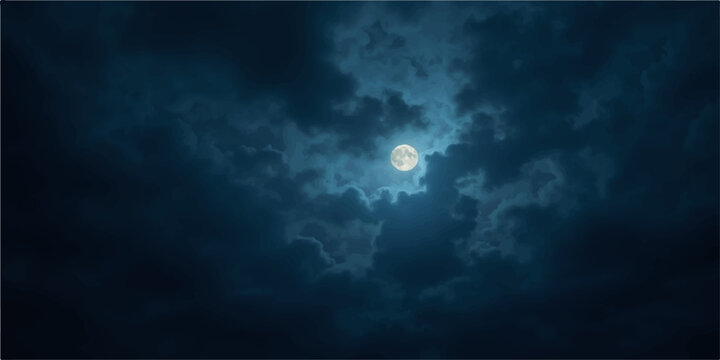A bright full moon glows through dark clouds in the blue night sky, creating an abstract nature background filled with moonlight and stars
