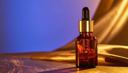 Naklejka premium Amber glass dropper bottle with gold cap, symbolizing luxury, skincare, and product design.