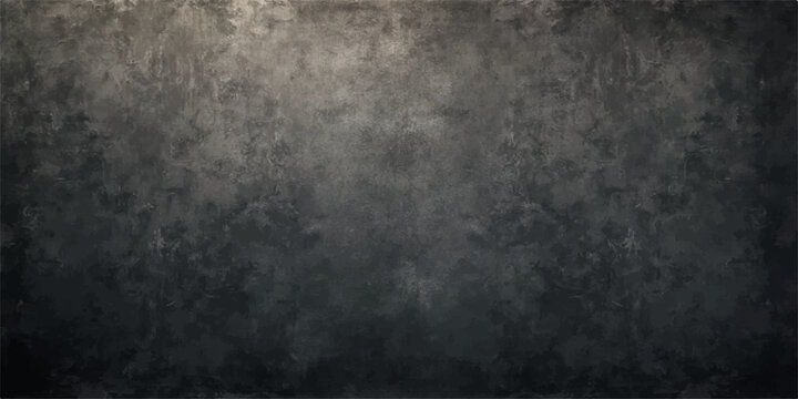 A dark aged concrete wall background with a rough textured grunge surface and blank black vintage paper pattern provides a dirty gray backdrop with copy space