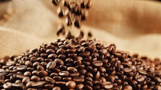 Closeup shot of roasted coffee beans pouring from above onto a pile.