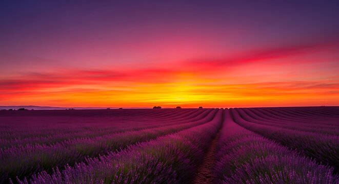 Vibrant sunset over lavender fields with colorful sky and horizontal lines