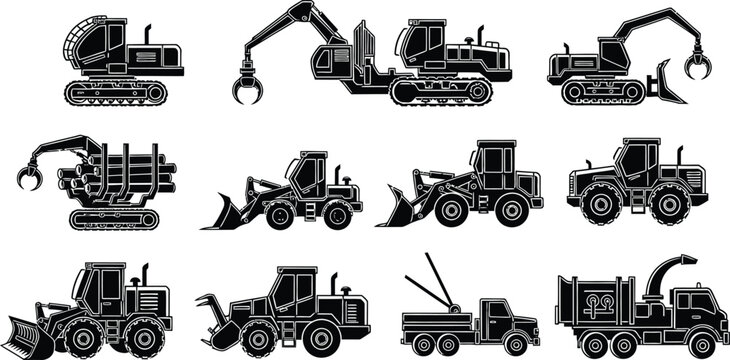 Set of black and white vector silhouettes featuring heavy construction machinery industrial vehicles forestry equipment excavators bulldozers loaders and wood chippers for design