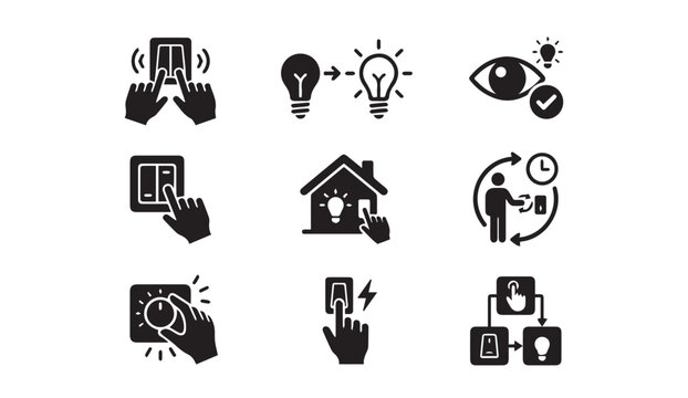 Light switch and electricity usage interaction icons with electricity, intensity