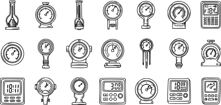 Black  White Line Art Measurement Gauges and Meters Set. Hand-drawn Industrial, Automotive, and Science Instruments Vector Icons.