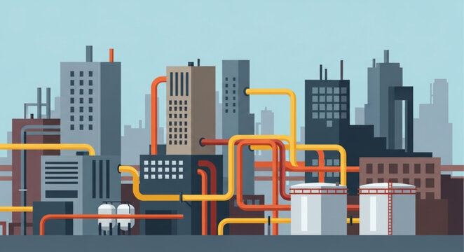 Industrial cityscape with pipelines and factories illustration.