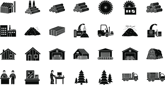 Set of sawmill and lumber industry icons featuring wood processing machinery forestry equipment timber production and industrial manufacturing symbols in flat black vector style