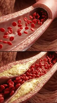 Blood Flow Blockage of a narrowed artery with atherosclerotic plaque and red blood cells causing vascular obstruction.