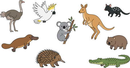 Cute Cartoon Australian Animals Collection Set with Koala Kangaroo Platypus Wombat Echidna Crocodile Ostrich and Cockatoo Vector Illustration on White Background © Mifta