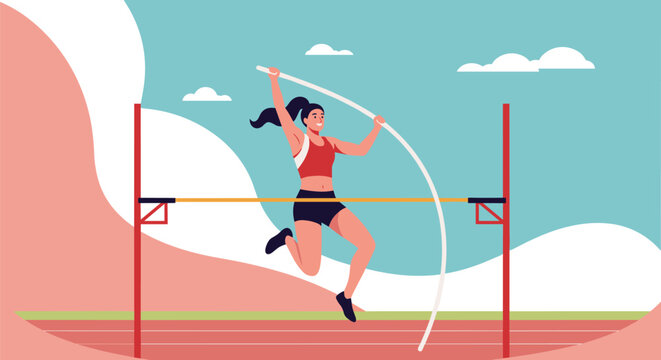 Female athlete performing professional pole vault jump over horizontal bar at outdoor stadium under clear blue sky.