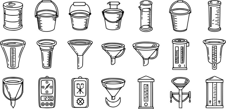 Black and White Line Art Icons Set of Meteorology and Weather Measurement Tools: Rain Gauges, Funnels, Buckets, and Cylinders.