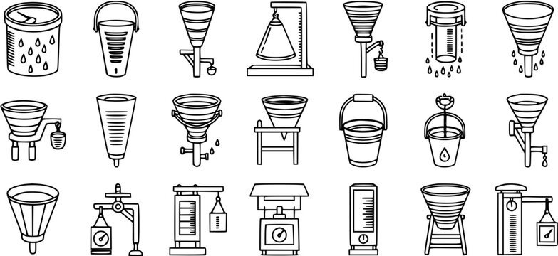 Black and White Line Art Collection of Rain Gauges and Weather Measuring Instruments