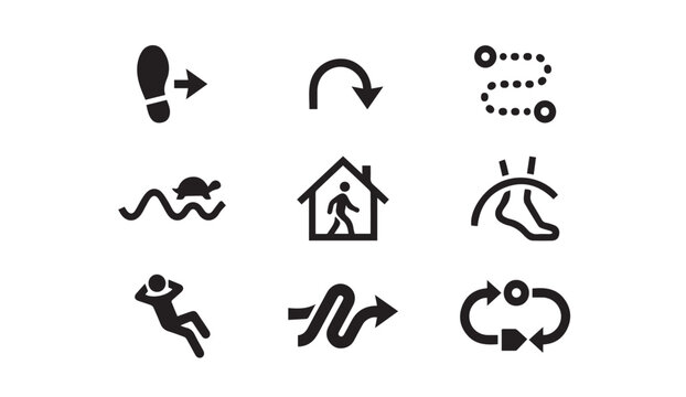 Set of icons representing pathfinding navigation and walking activities
