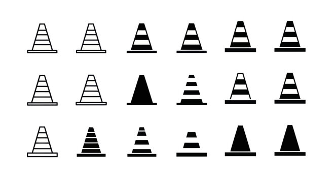 Set of Traffic Cones Icons, Warning Symbols, Safety Equipment, Isolated on White