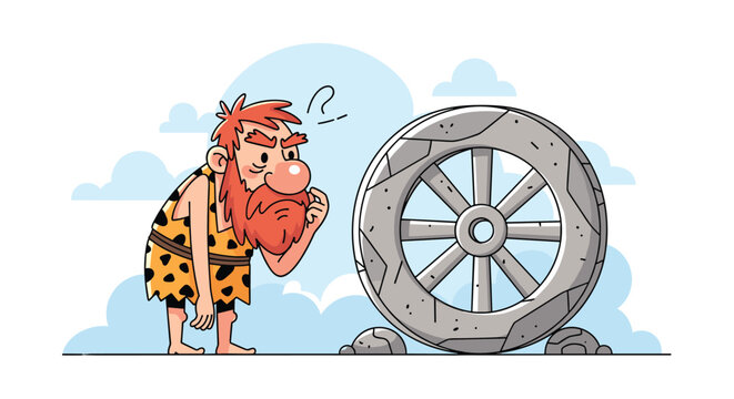 Cartoon caveman scratching his head in confusion while looking at a large prehistoric stone wheel in a landscape.