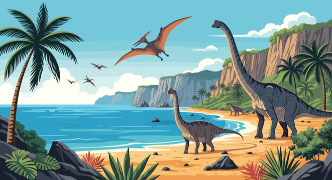 Prehistoric beach landscape featuring long necked dinosaurs walking on sand with pterodactyls flying over cliffs.