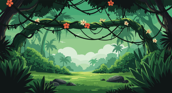 Vibrant tropical jungle landscape featuring lush green foliage with vines and exotic flowers under a canopy.
