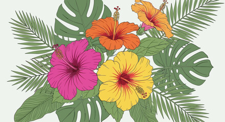 Colorful Tropical Floral Arrangement with Hibiscus and Foliage © Sasini