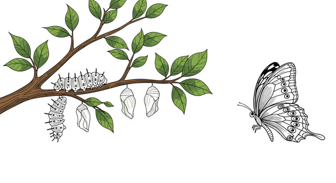 Educational life cycle of a butterfly diagram showing caterpillars and cocoons attached to a leafy tree branch next to a flying butterfly.