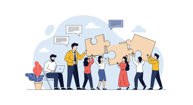 Collaborative business team works hard together to assemble large interlocking puzzle pieces in a bright modern office.