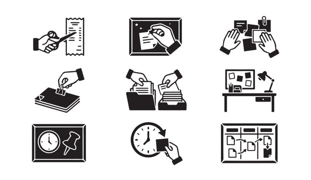 Office administrative and paperwork organization icon set with paperwork