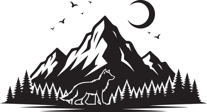 Black and white mountain landscape, wolf silhouette, moon and trees vector illustration